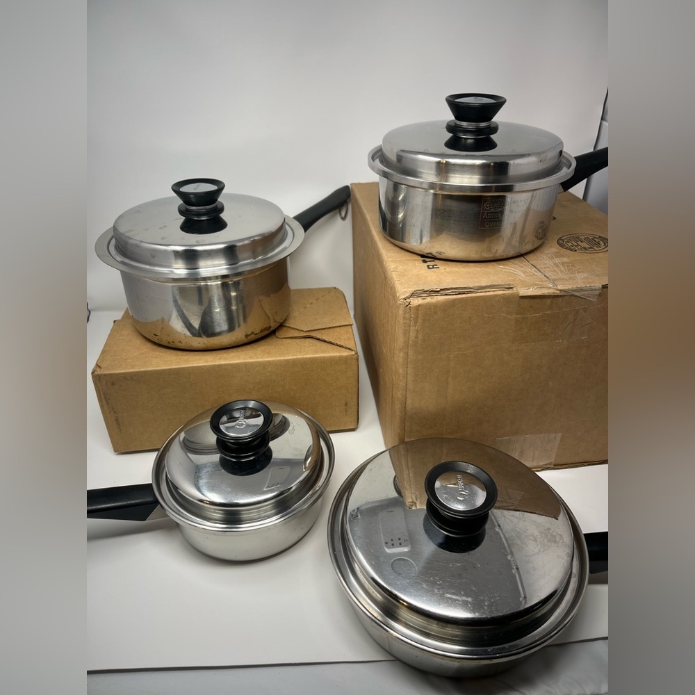 AMWAY QUEEN Multi-Ply 18/8 Stainless Cookware Set of 4 USA Pans W/Lids EUC